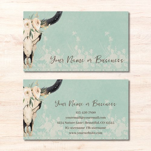 Boho Floral Cow Skull on Turquoise Business Card