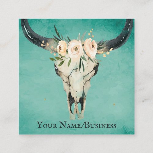 Boho Floral Cow Skull on Turquoise Square Business Card