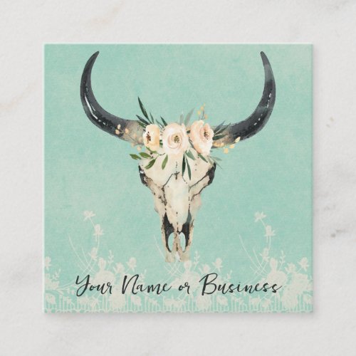 Boho Floral Cow Skull on Turquoise Square Business Card