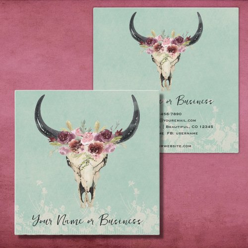 Boho Floral Cow Skull on Turquoise Square Business Card