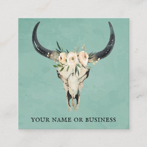 Boho Floral Cow Skull on Turquoise Square Business Card