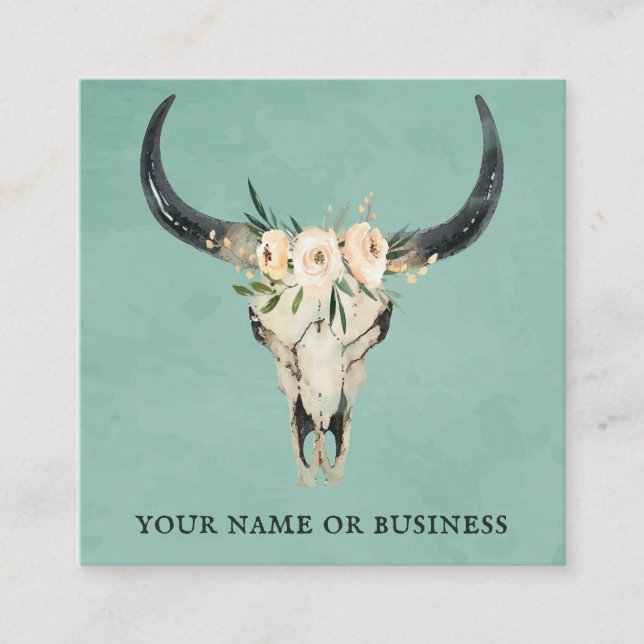 Boho Floral Cow Skull on Turquoise Square Business Card (Front)