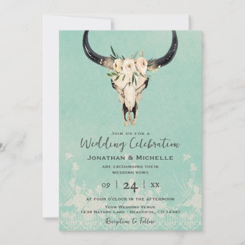 Boho Floral Cow Skull on Turquoise Wedding Invitation