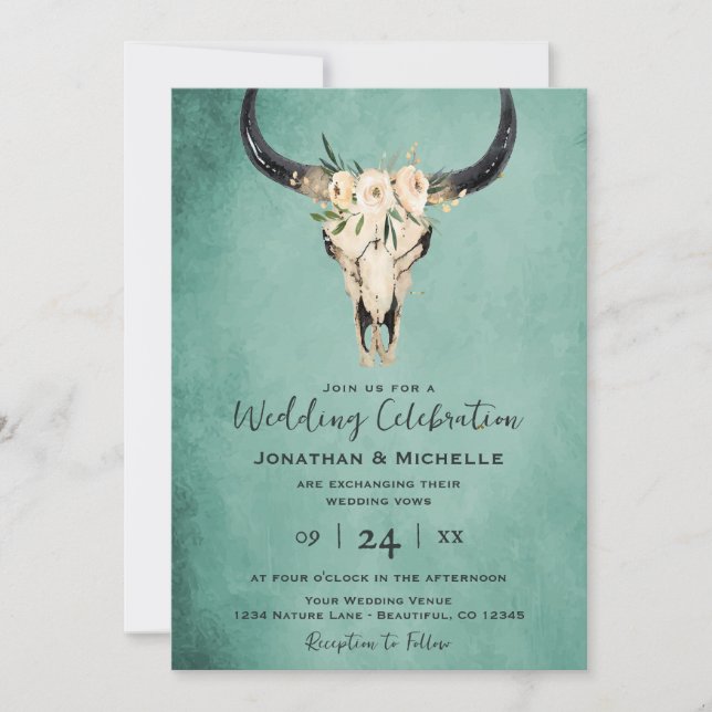 Boho Floral Cow Skull on Turquoise Wedding Invitation (Front)