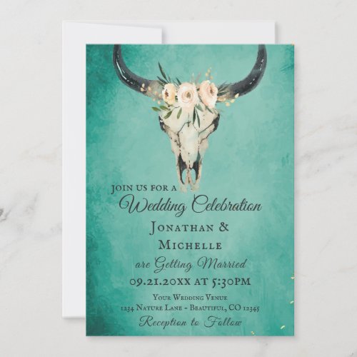 Boho Floral Cow Skull on Turquoise Wedding Invitation