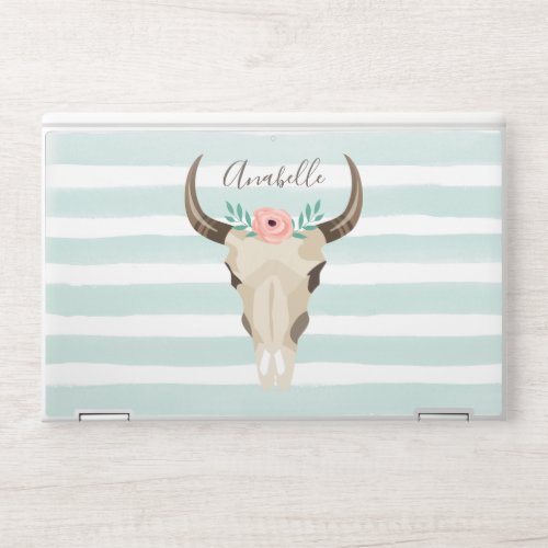 Boho Floral Cow Skull on Watercolor Stripes HP Laptop Skin