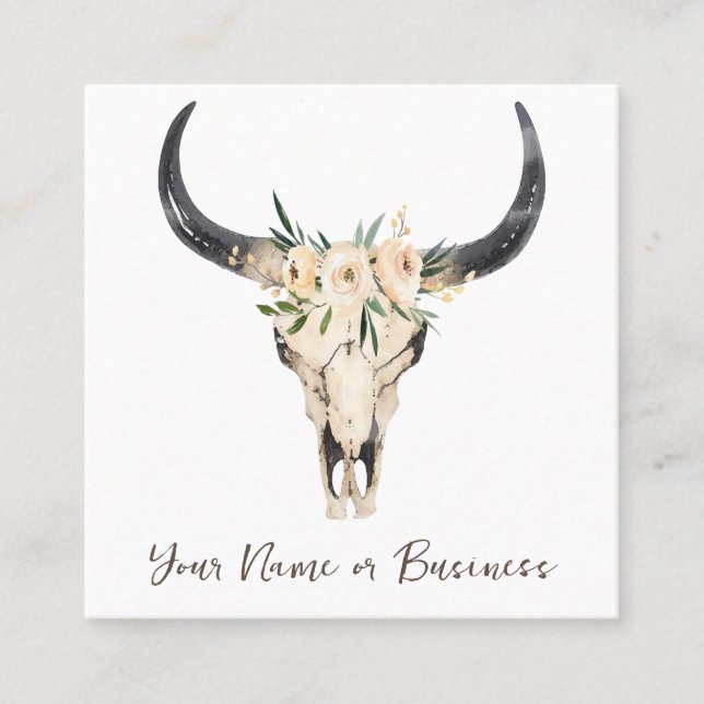 Boho Floral Cow Skull on White Square Business Card (Front)