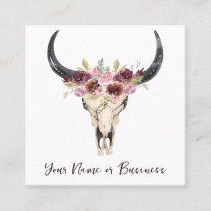 Boho Floral Cow Skull on White Square Business Card