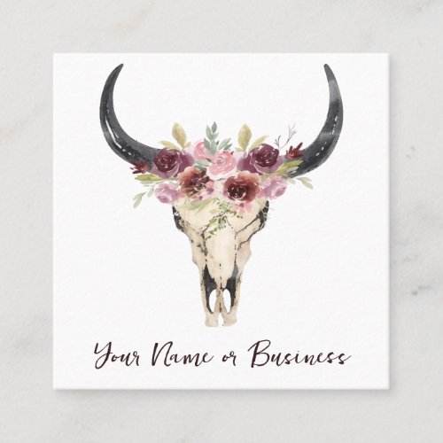 Boho Floral Cow Skull on White Square Business Card