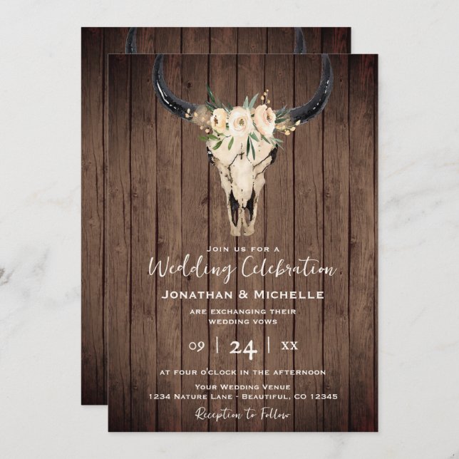Boho Floral Cow Skull on Wood All in One Wedding Invitation (Front/Back)