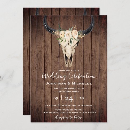 Boho Floral Cow Skull on Wood All in One Wedding Invitation