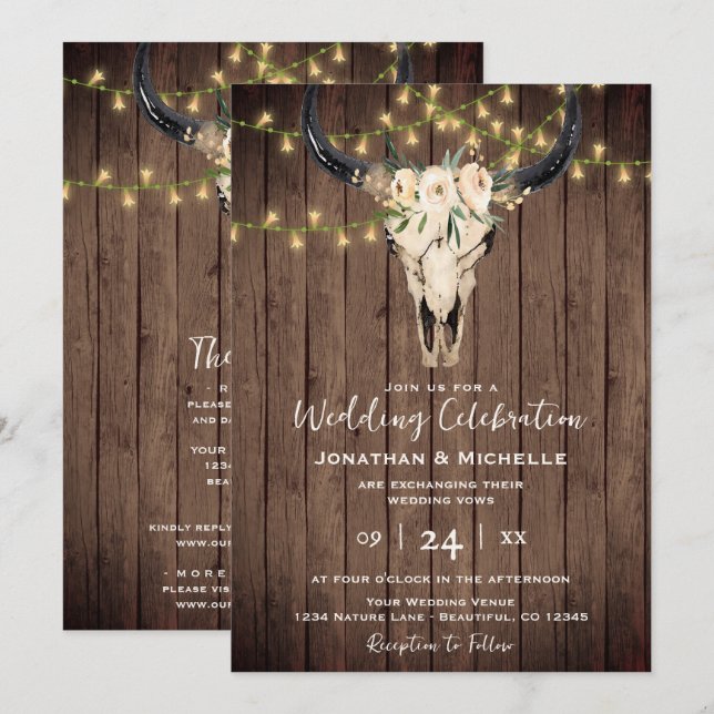 Boho Floral Cow Skull on Wood All in One Wedding Invitation (Front/Back)