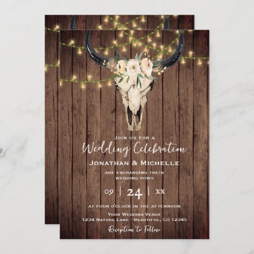 Boho Floral Cow Skull on Wood All in One Wedding Invitation