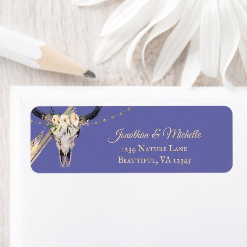 Boho Floral Cow Skull Periwinkle Gold Address Label