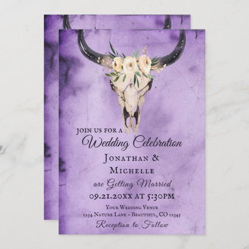 Boho Floral Cow Skull Purple All In One Wedding Invitation