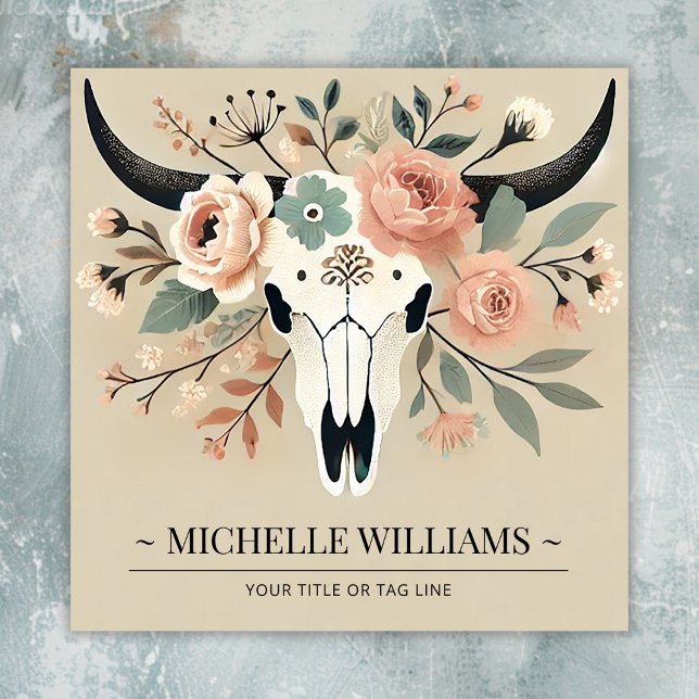 Boho Floral Cow Skull  Square Business Card (Front - Boho Floral Cow Skull Square Business Card)