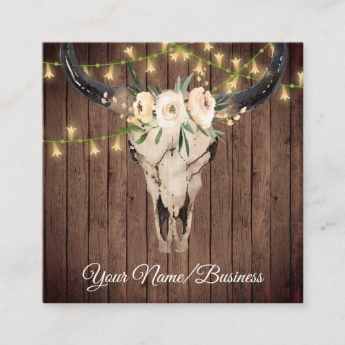 Boho Floral Cow Skull String Lights on Barnwood Square Business Card