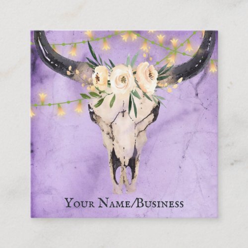 Boho Floral Cow Skull String Lights on Purple Square Business Card
