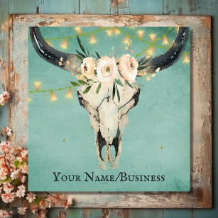 Boho Floral Cow Skull, String Lights on Turquoise Square Business Card