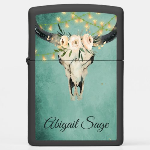 Boho Floral Cow Skull String Lights on Turquoise Zippo Lighter