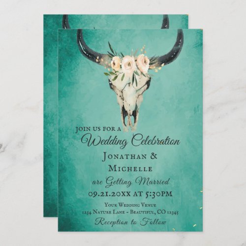 Boho Floral Cow Skull Turquoise All In One Wedding Invitation