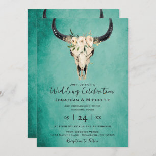 Boho Floral Cow Skull Turquoise All in One Wedding Invitation