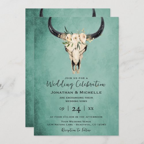 Boho Floral Cow Skull Turquoise All in One Wedding Invitation