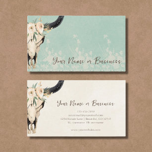 Boho Floral Cow Skull Turquoise and Cream Business Card
