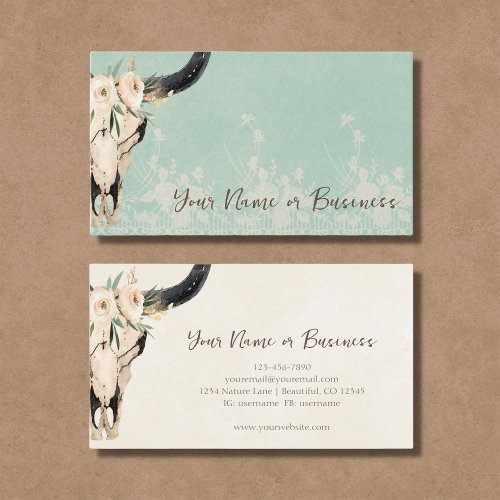 Boho Floral Cow Skull Turquoise and Cream Business Card