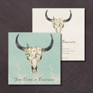 Boho Floral Cow Skull Turquoise and Cream Square Business Card