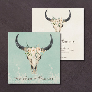 Boho Floral Cow Skull Turquoise And Cream Square Business Card by JustYourBusiness at Zazzle
