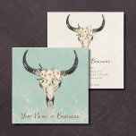 Boho Floral Cow Skull Turquoise And Cream Square Business Card at Zazzle