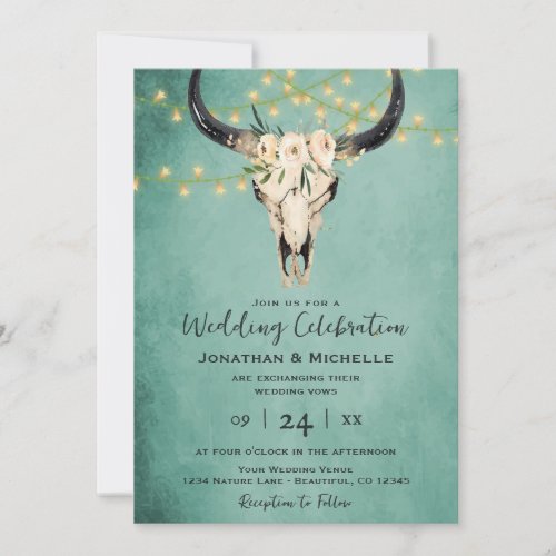 Boho Floral Cow Skull w Lights Turquoise Wedding Invitation