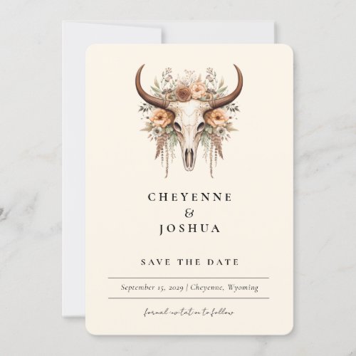 Boho Floral Cow Skull Western Photo Save the Date  Invitation