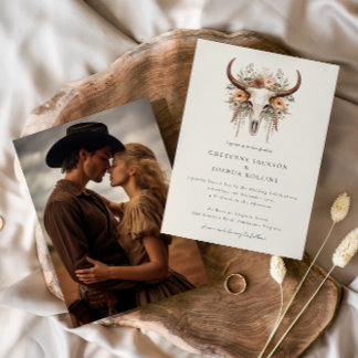 Boho Floral Cow Skull Western Photo Wedding Invitation