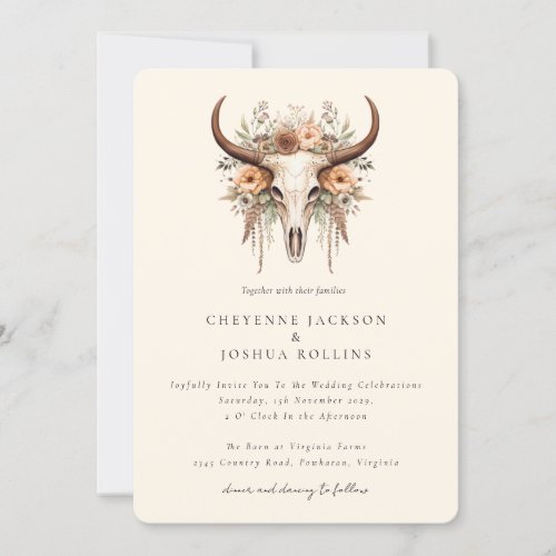 Boho Floral Cow Skull Western Photo Wedding  Invitation