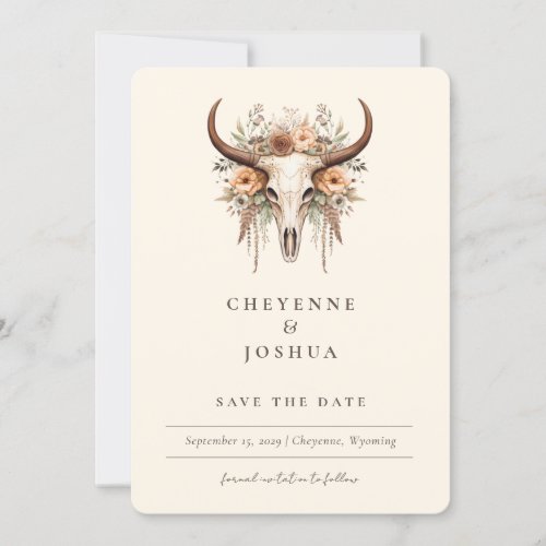 Boho Floral Cow Skull Western QRcode Save the Date Invitation