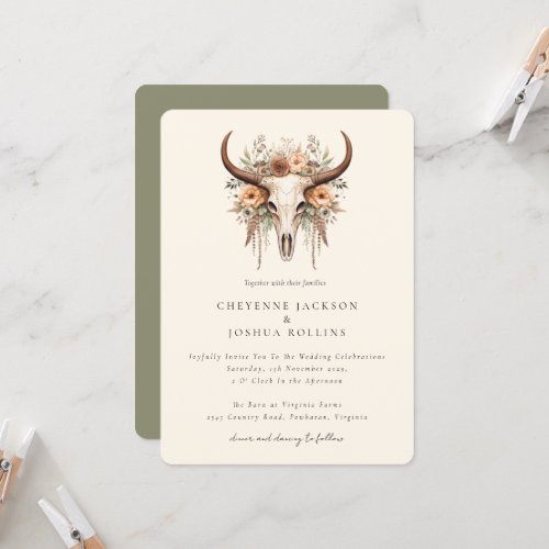 Boho Floral Cow Skull Western Wedding  Invitation