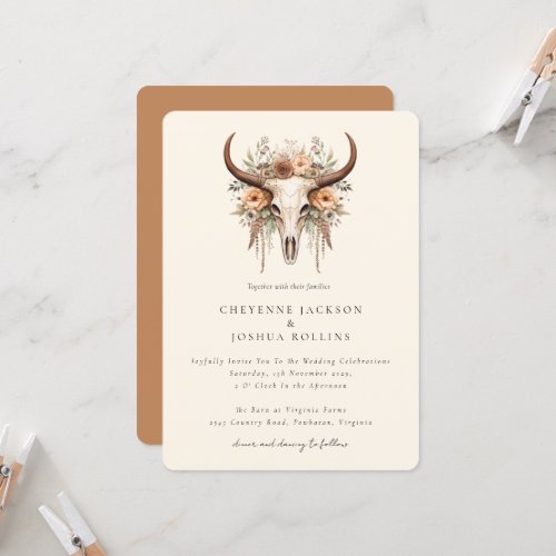 Boho Floral Cow Skull Western Wedding  Invitation