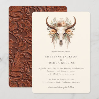 Boho Floral Cow Skull Western Wedding Invitation