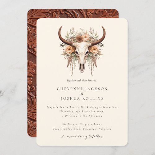 Boho Floral Cow Skull Western Wedding  Invitation