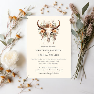 Boho Floral Cow Skull Western Wedding Invitation