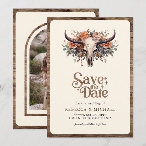 Boho Floral Cow Skull Western Wedding Photo Save The Date