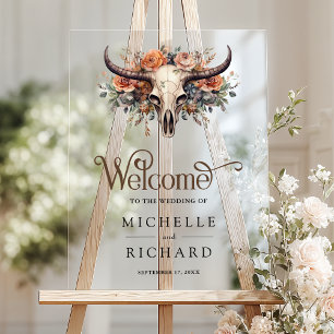 Boho Floral Cow Skull Western Wedding Welcome Acrylic Sign