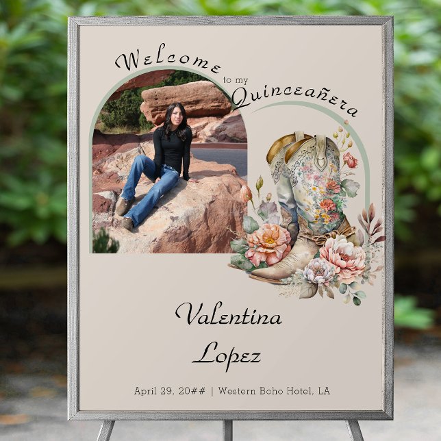 Boho Floral Cowgirl Boots Quinceanera Welcome Foam Board (Photo Welcome Sign from my Boho Floral Cowgirl Boots Quinceanera Collection)