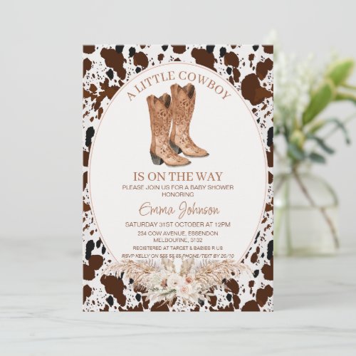 Boho Floral Cowhide Cowboy Boots Baby Shower Invitation