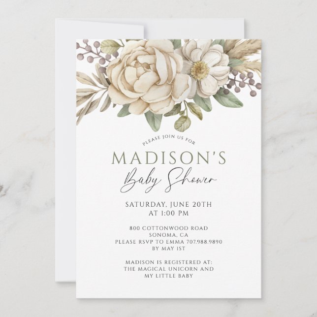 Boho Floral Cream White Baby Shower Invitation (Front)