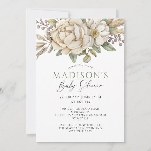 Boho Floral Cream White Baby Shower Invitation