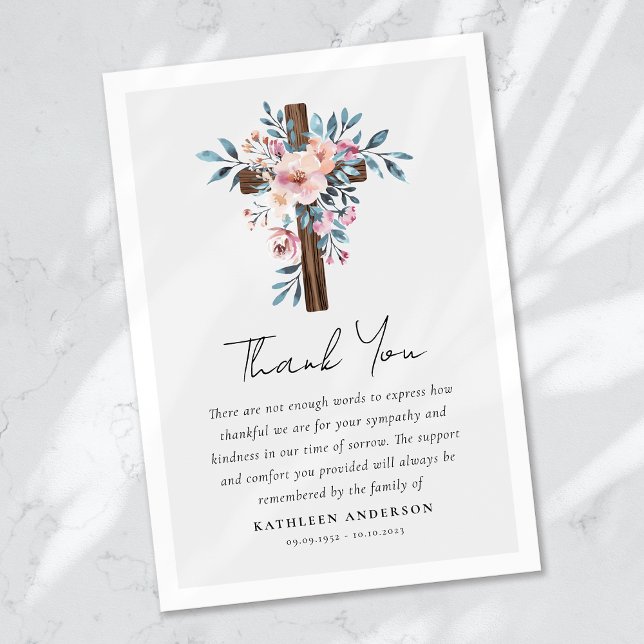 Boho Floral Cross Sympathy Funeral Thank You Card (Creator Uploaded)
