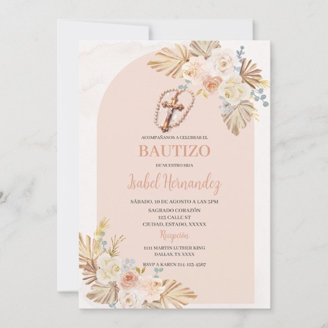 Boho Floral crucifix Bautizo Spanish Invitation (Front)
